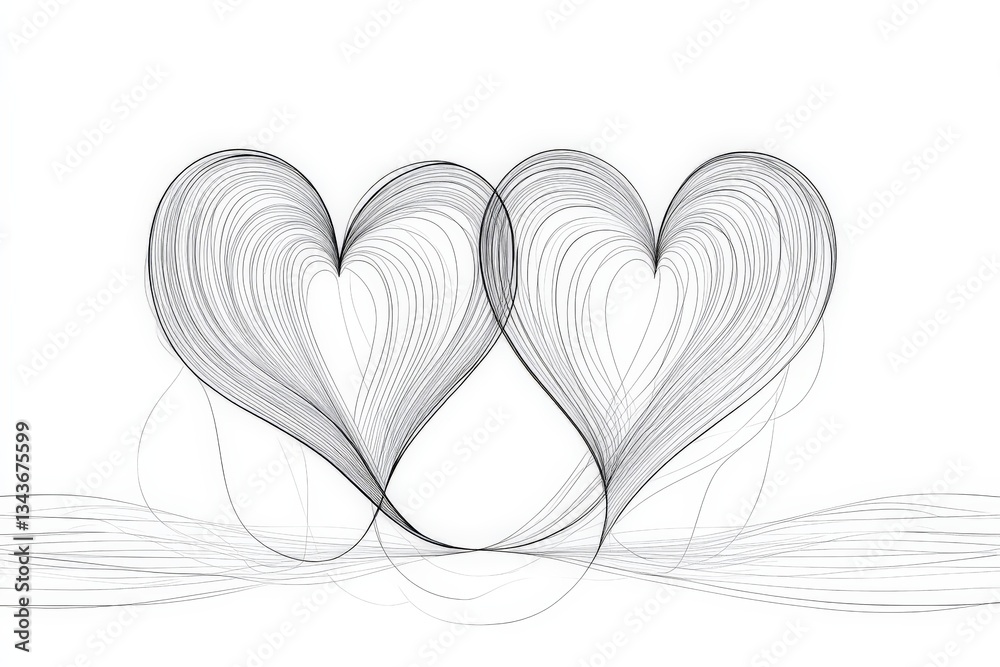Poster Two intertwined hearts created with delicate lines on a white background representing love and connection