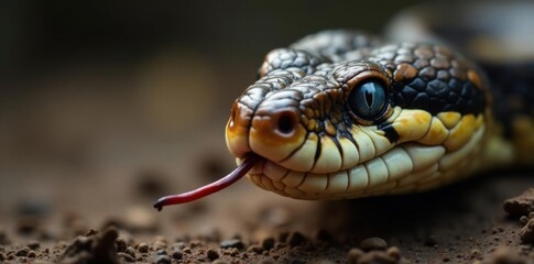 Obraz premium Snake's close-up face with piercing blue gaze and forked tongue exposed, set against a natural woodgrain background, greenery, blue viper snake, scale