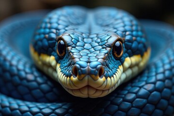 Snake's close-up face with vibrant blue scales and distinctive head shape, snake species, closeup