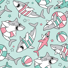 Seamless vector pattern with cute sharks and pool floats. Hand drawn summer holiday background. Exotic underwater sealife illustration. Perfect for textile, wallpaper or print. EPS10 vector file. © MirabellePrint