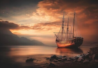 Fototapeta premium An enchanting depiction of an ancient ship sailing across a vibrant seascape. 