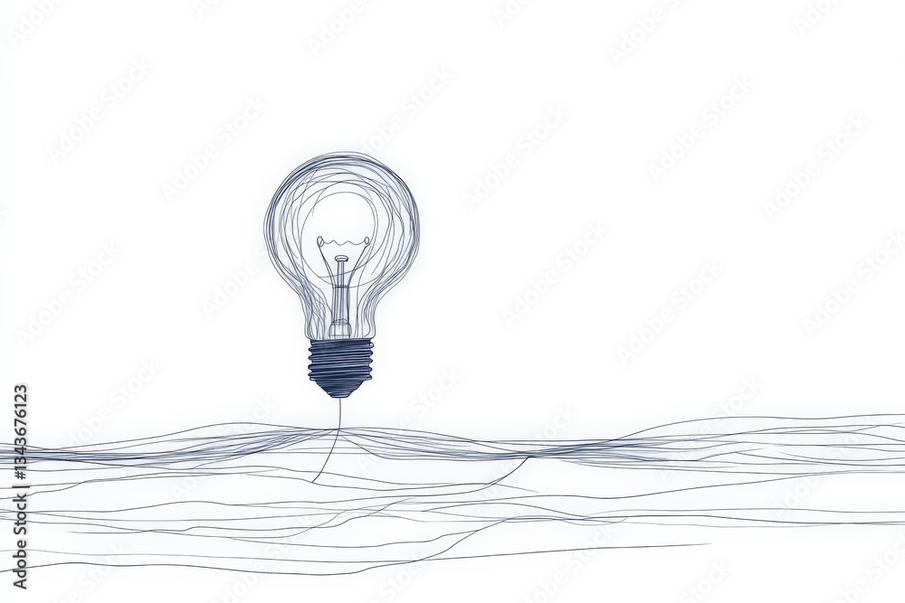 Poster Light bulb floats above abstract waves representing creativity and innovation in a minimalist design
