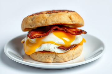 Delicious sandwich featuring a toasted English muffin, runny egg, melted cheese, and crispy bacon on a white background, perfect for breakfast or brunch.