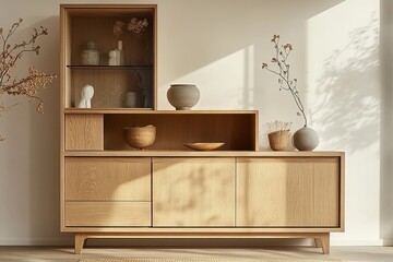 a modern wooden cabinet with decorative items. It has several shelves and drawers, and is filled with vases and bowls