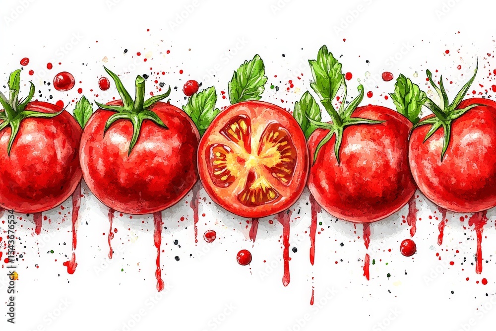 Poster fresh red tomatoes with splashes of juice on a white background during a vibrant market setting