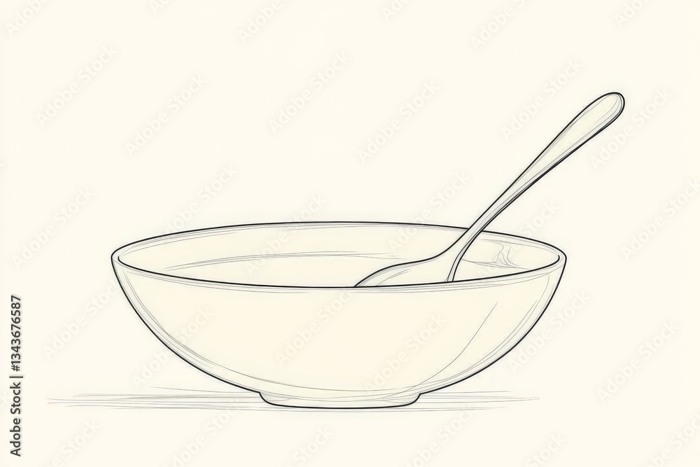 Poster Sketch of a simple empty bowl and a spoon on a plain background emphasizing craftsmanship and design