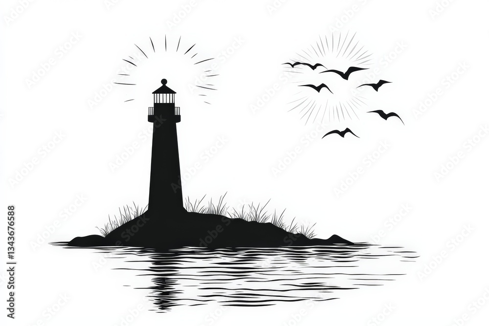 Poster lighthouse illuminating a calm sea during sunset with flying birds in the background