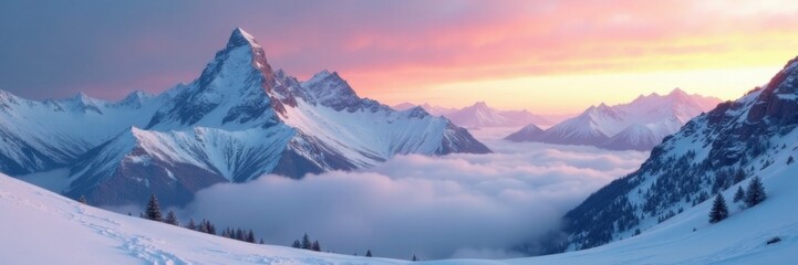 Snow-covered mountains with rugged peaks and a misty dawn atmosphere, snowy peak, winter