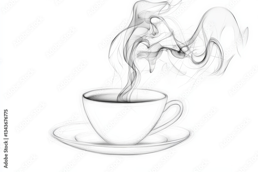Aufkleber Artistic representation of steaming cup on a saucer creating intricate smoke patterns in a minimalist style