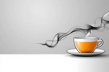 Steam rises from a cup of tea placed on a saucer against a minimalist gray background in a cozy setting
