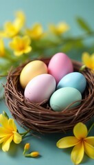 Pastel colored Easter eggs in a nest with yellow flowers, cheerful, festive, basket