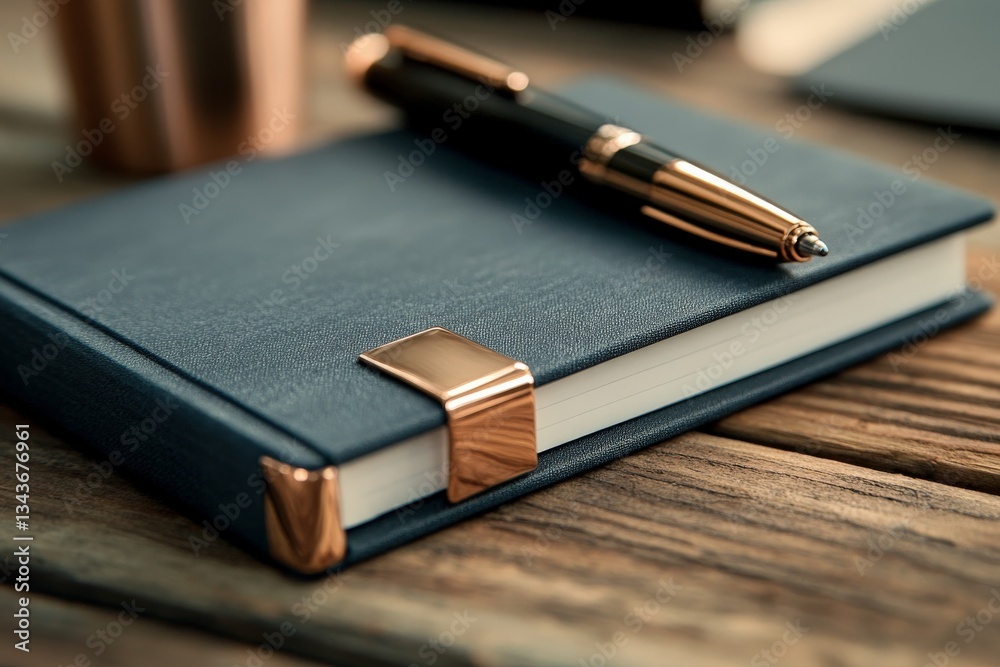Poster elegant notebook and pen on wooden table in a cozy workspace during the evening hours