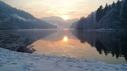 Calm lake scene with mountains and snow during sunrise