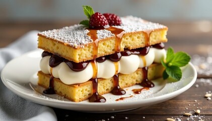 Layers of coffee-soaked ladyfingers and creamy mascarpone, classic dessert , angle, close-up