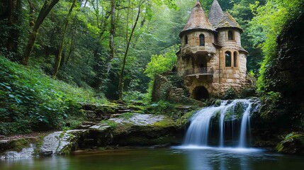 Enchanting Elven Castle by Waterfall in Magical Forest