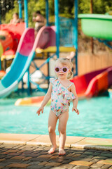 Child in the pool. Child in glasses and a swimsuit against the background of a slide in a water park