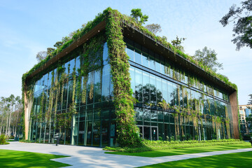 Obraz premium Modern eco-friendly building with glass facade and vertical garden architecture