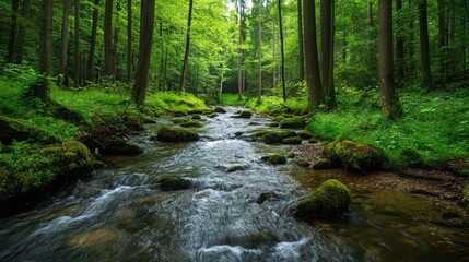 Enchanting Dark Forest Stream in Lush Jungle - Serene Water Flowing Through Trees