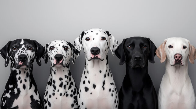 Group of black and white dogs. 