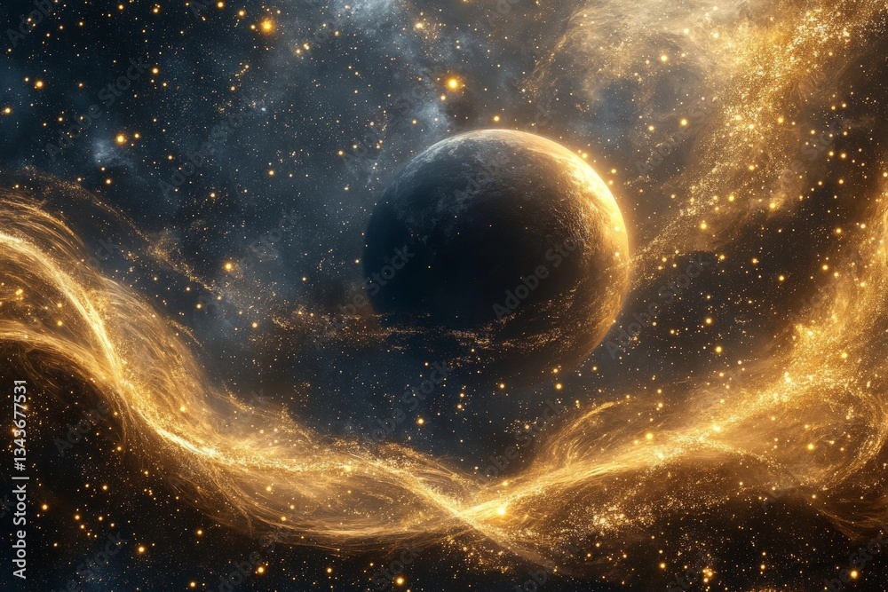 Poster Cosmic view of a glowing planet surrounded by shimmering stars and ethereal clouds in deep space