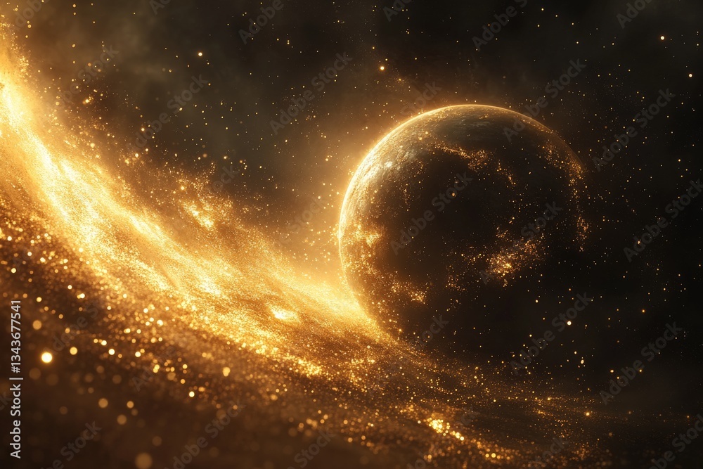 Poster Celestial landscape featuring a glowing planet surrounded by shimmering particles in a cosmic setting