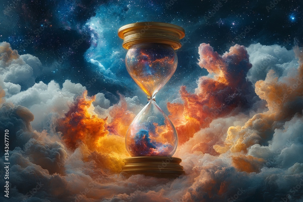 Poster cosmic hourglass floating in vibrant clouds symbolizes the passage of time and the universe's myster