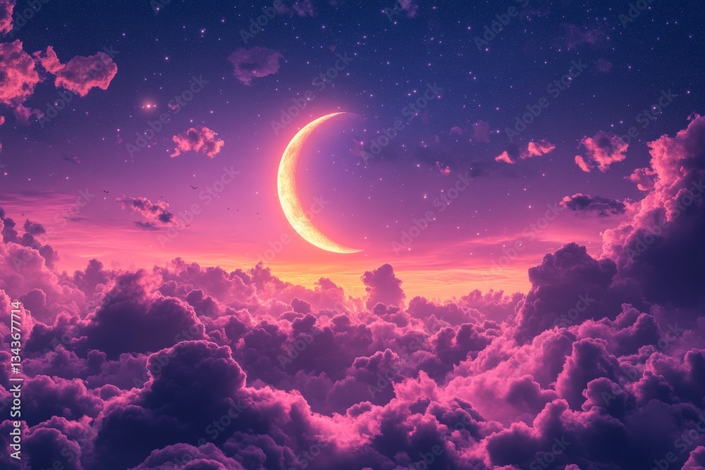 Poster elegant crescent moon shines above vibrant clouds in a starry twilight sky