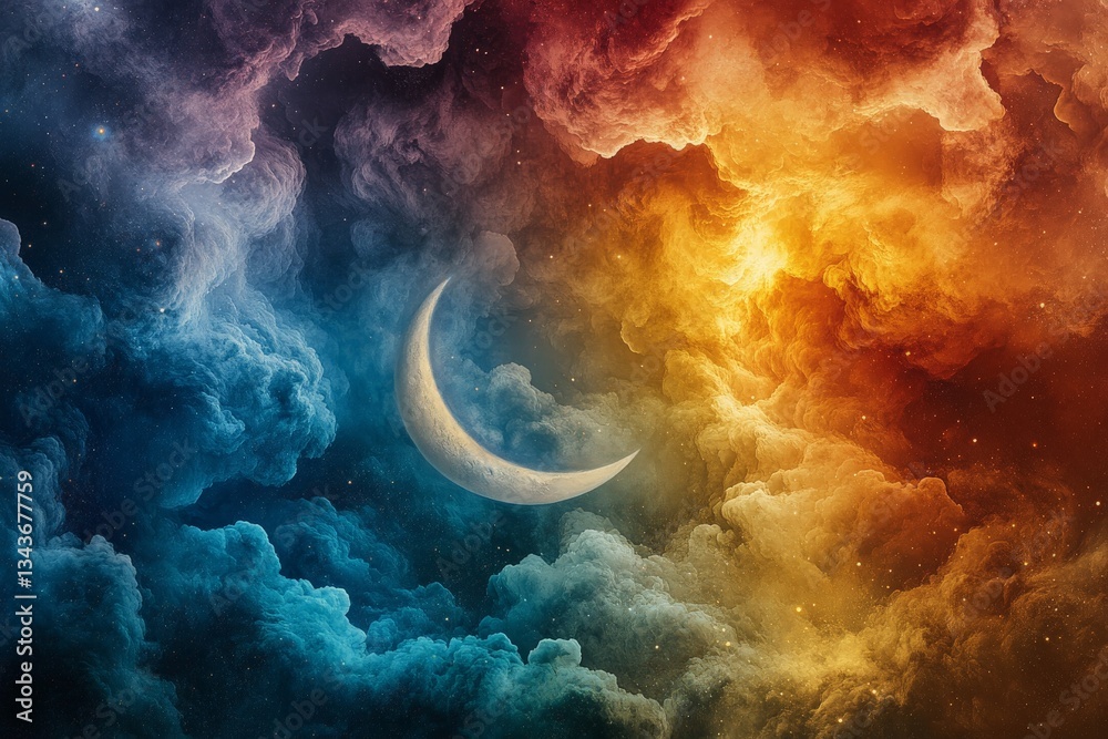 Aufkleber Celestial clouds swirl around a crescent moon in a vibrant cosmic display during twilight hours
