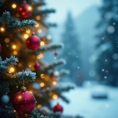 Snowflakes gently fall on festive holiday decorations, , christmas tree, decorations