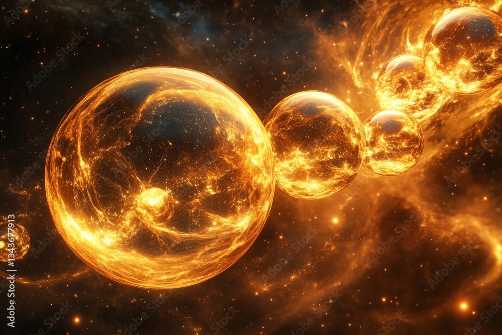 Aufkleber Bright celestial spheres float in a cosmic landscape filled with stars and nebulas during a vibrant cosmic event