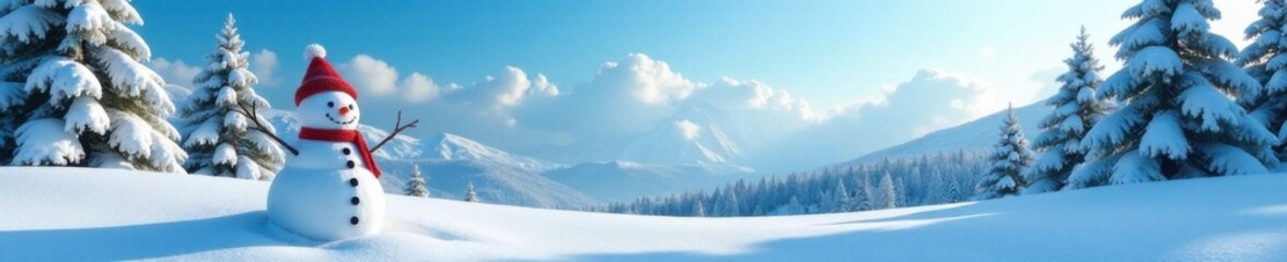 snowman in winter landscape with snow-covered trees and blue sky, snowy forest , winter wonderland