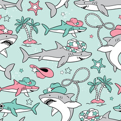 Seamless vector pattern with cute western sharks. Hand drawn summer holiday background. Exotic underwater sealife illustration. Perfect for textile, wallpaper or print design. EPS10 vector file. © MirabellePrint