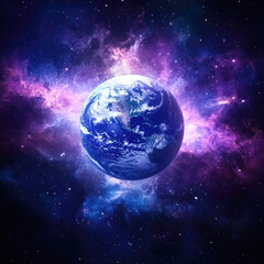 Obraz premium Vibrant earth in space with purple nebula and stars