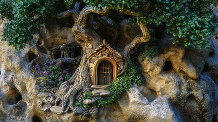 Enchanting Fairy Tree House Amidst Fantasy Rocks for Creative Projects
