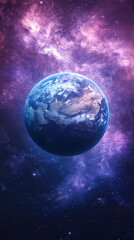 Earth in cosmic nebula vortex with vibrant purple and pink galaxy backdrop