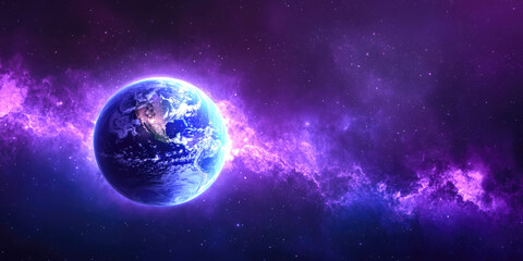 Obraz premium Vibrant earth with cosmic purple nebula in vast space scene