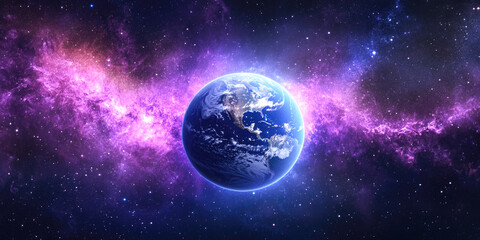 Obraz premium Earth in vibrant outer space with expansive purple nebula and stars