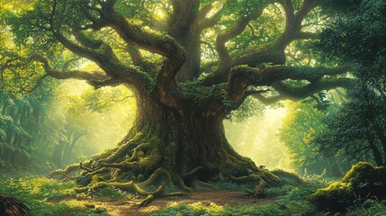 Serene Green Old Growth Forest Landscape with Majestic Trees and Lush Foliage