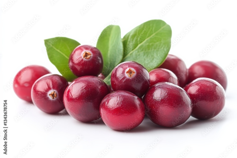 Poster fresh cranberries with green leaves arranged on a white background ready for culinary use and festiv