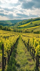 Fototapeta premium Spring vineyard sampling in Burgundy with yellow and green