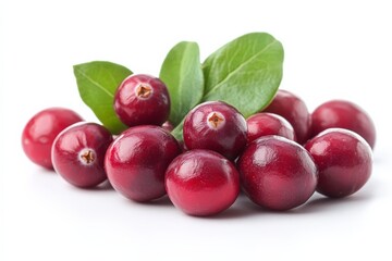 Fresh cranberries with green leaves arranged on a white background ready for culinary use and festive recipes