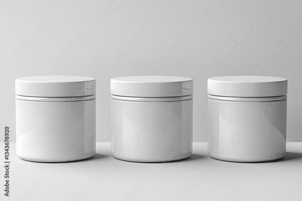 Aufkleber three sleek white containers lined up on a minimalist surface, showcasing elegant design and functio