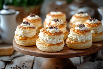 Freshly baked cream-filled pastries arranged beautifully on a wooden serving platter in a cozy kitchen setting