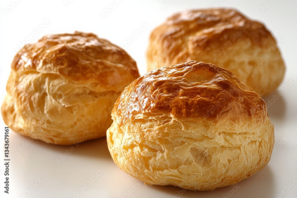 Poster freshly baked pastry rolls arranged on a white surface with golden browning and flaky texture inviti