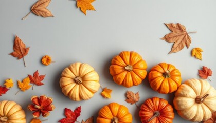 Fototapeta premium Pastel gray background, pumpkins, dried leaves, autumn flat lay, Halloween, gray, photography
