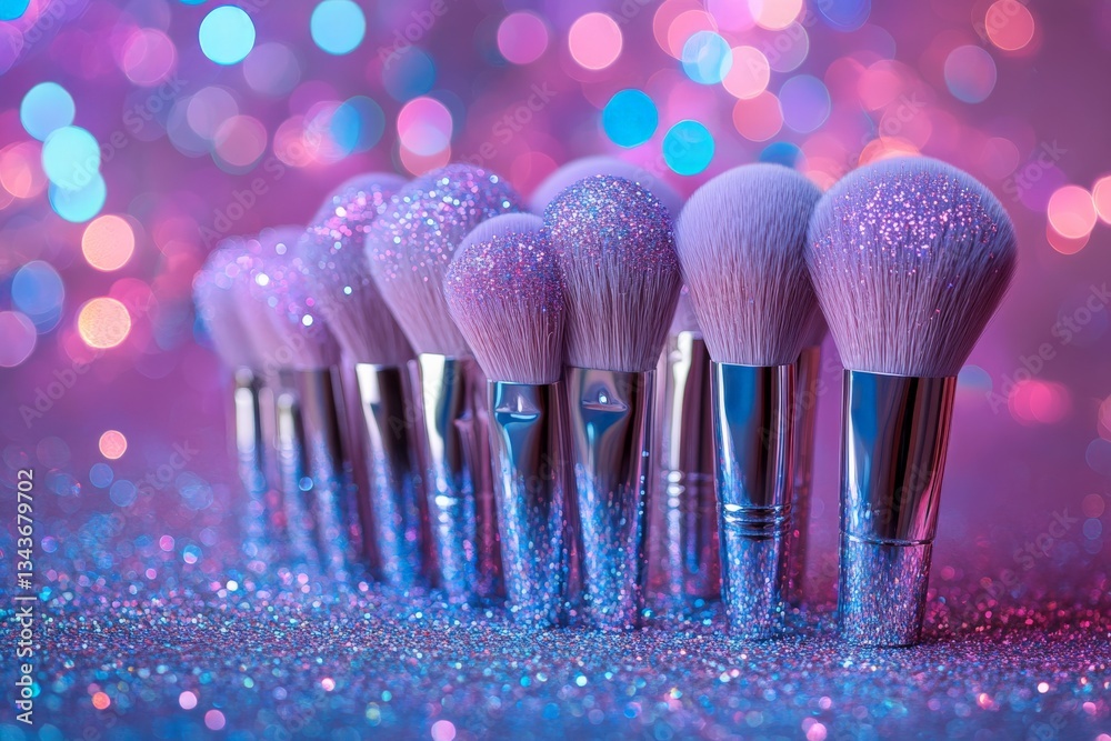 Aufkleber sparkling makeup brushes arranged beautifully on a vibrant background with glitter and bokeh effects