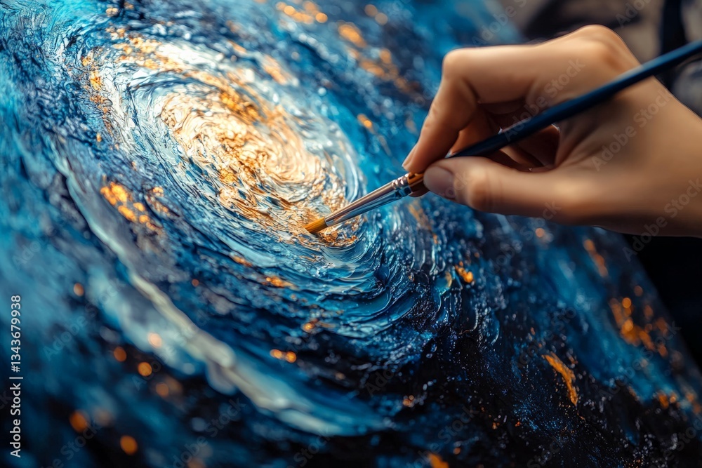 Poster artist creates a swirling galaxy painting using vibrant colors and intricate brushwork in a creative