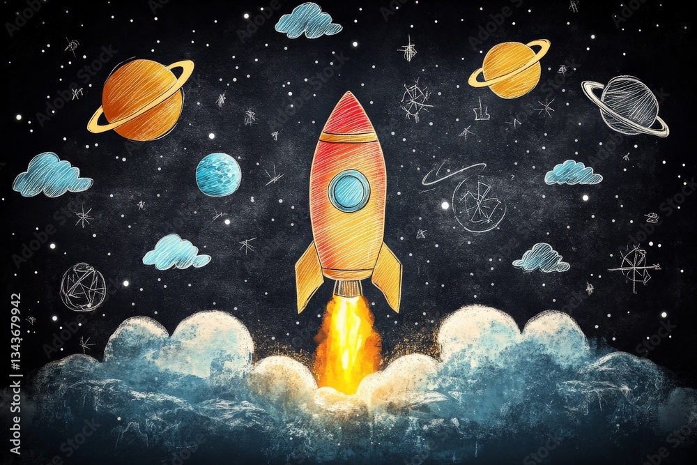 Aufkleber colorful rocket launch into space surrounded by planets and clouds in a whimsical night sky