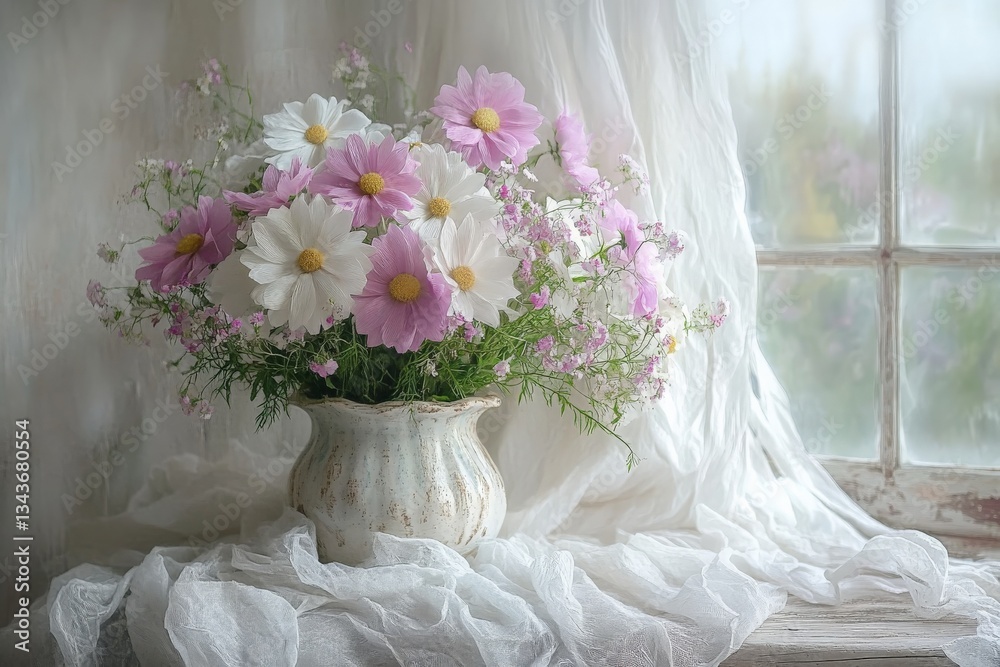 Poster beautiful bouquet of pink and white flowers in a vase by a sunlit window with soft fabric draping