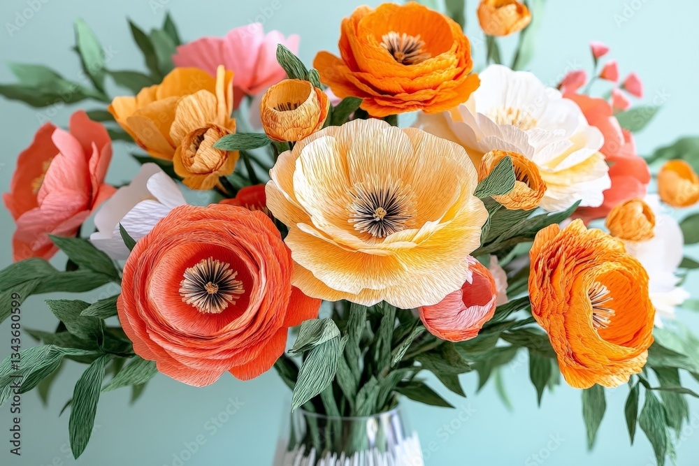 Poster Beautiful paper flowers in vibrant colors displayed in a clear vase against a soft green background